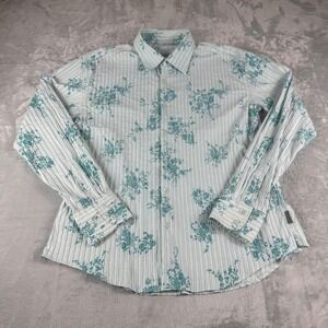 Ted Baker Button Up Shirt Men 4 White Teal Floral Striped Cotton Skinny Fit
